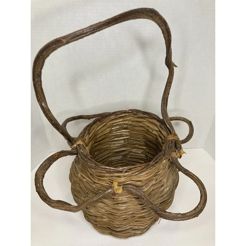 VTG Handmade Rustic Woven Twig Vine Wood Basket Tall Round Primitive Kitsch